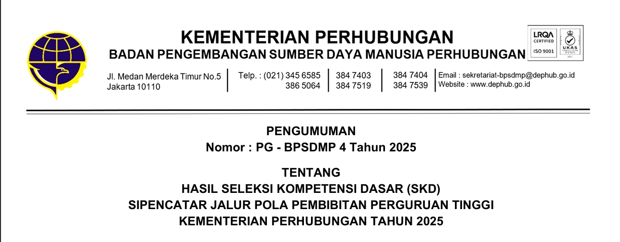 HASIL SELEKSI KOMPETENSI DASAR (SKD)  SIPENCATAR JALUR POLA PEMBIBITAN PERGURUAN TINGGI KEMENTERIAN PERHUBUNGAN TAHUN 2025