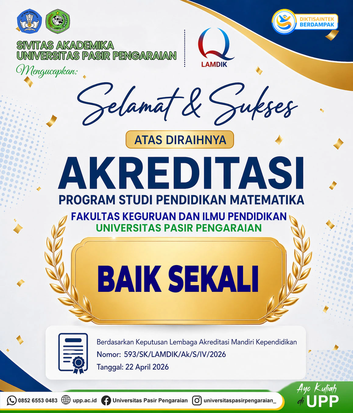 Membanggakan, Program Studi Pendidikan Matematika UPP Raih Akreditasi “Baik Sekali” dengan Nilai 319