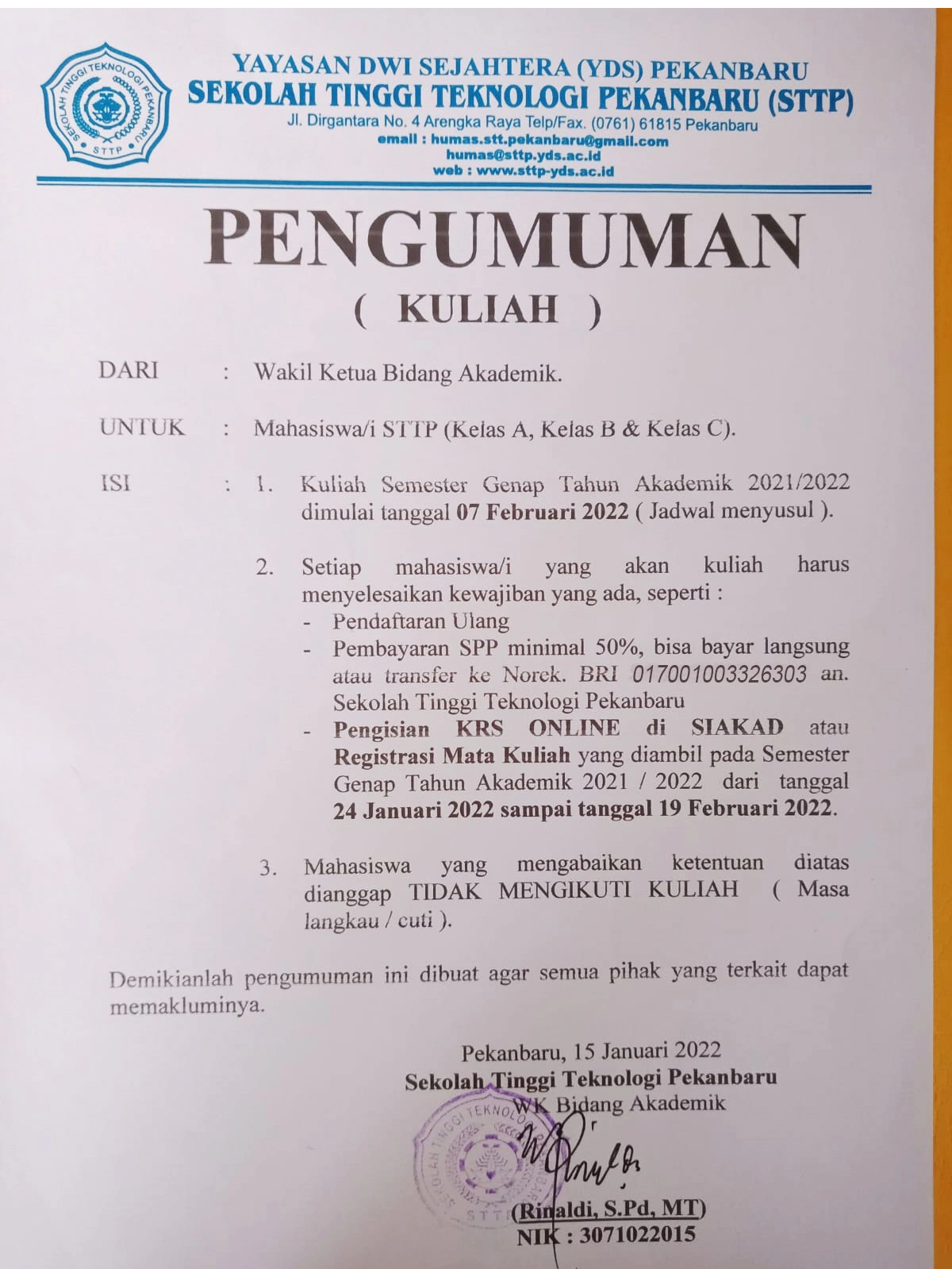 Pengumuman Pengisian KRS Online Tahun Akademik 2021/2022