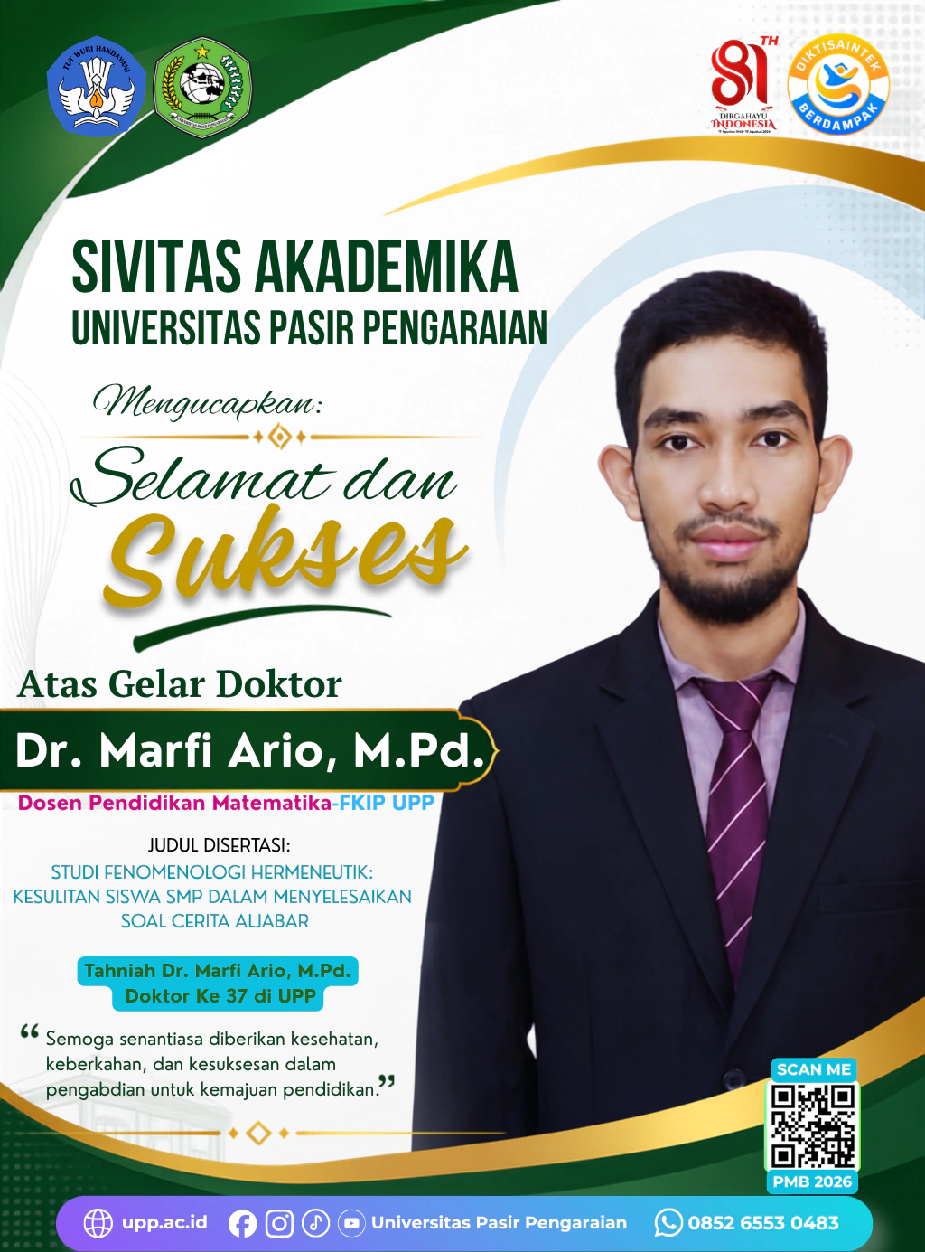 Tahniah Doktor ke 37, Rektor UPP Apresiasi Kelulusan Dr. Marfi Ario, M.Pd.
