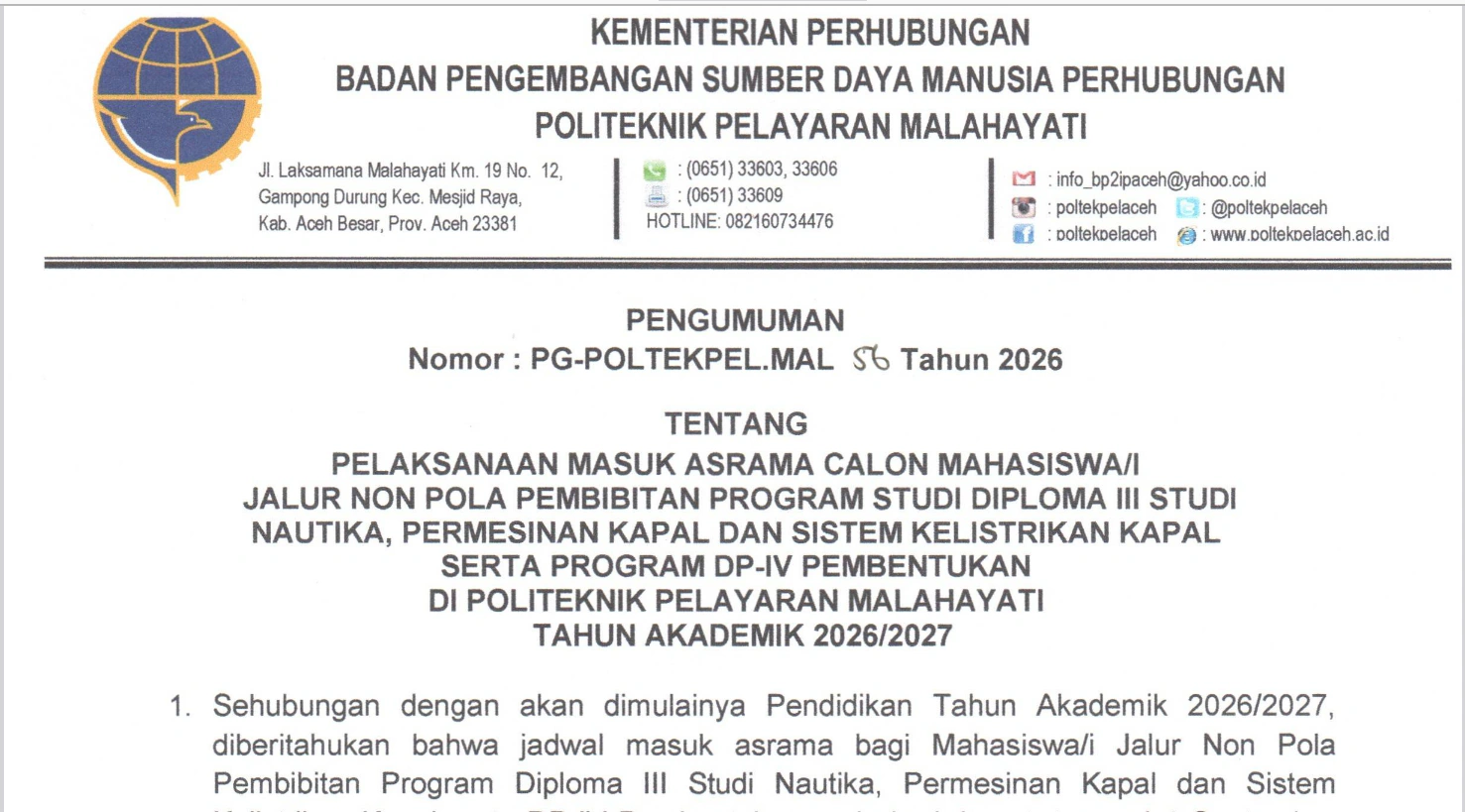 PENGUMUMAN MASUK ASRAMA TARUNA TARUNI GELOMBANG I & II ANGKATAN 14 TAHUN 2026